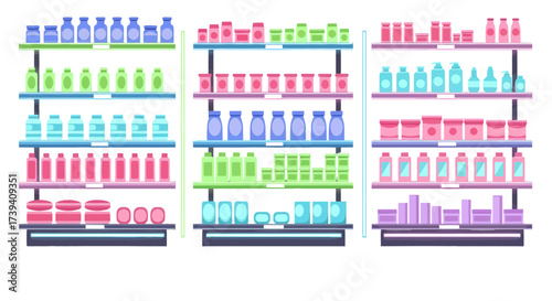 Well-stocked store shelves offering a rainbow of vibrant product options, perfect for retail displays and showcasing diverse consumer goods in your next design project
