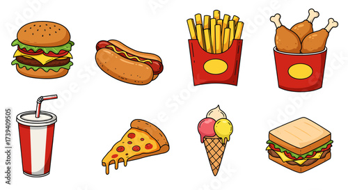 Delicious fast food favorites in a vibrant collection, including a juicy burger, hot dog, crispy fries, fried chicken, refreshing soda, pizza, ice cream and sandwich for a tasty treat