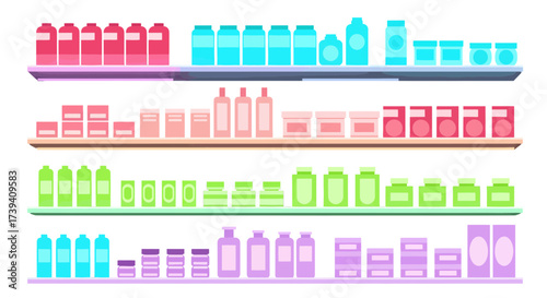 Colorful shelves display various products, perfect for showcasing store inventory, retail layout, or product organization in a vibrant and modern style originally a vector graphic
