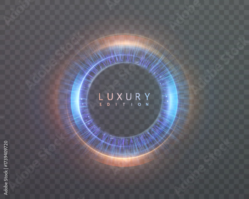 A futuristic glowing circular ring in blue and orange tones on a transparent background. An abstract energy portal or digital interface element.