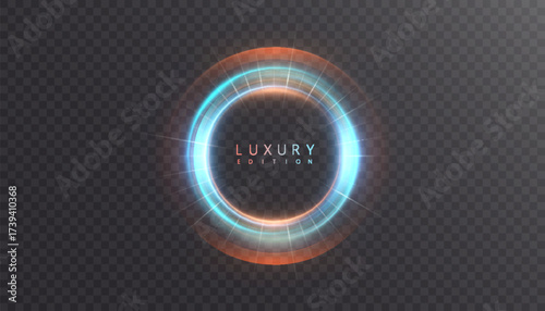 A glowing circular ring of blue and orange on a transparent background. A futuristic energy halo for sci-fi interfaces and digital technology design.