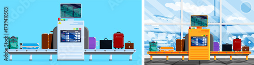 Airport baggage claim belt with scanning machine. Luggage screening for security. Travel and tourism concept. Global transportation.