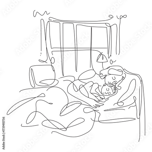 Hand drawn sketch of mother holding baby, family love and maternal care illustration in line art style