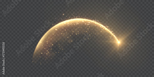 A golden magical comet effect with multiple sparkling bokeh and shimmering light effects. A magical golden wind for web design and fairy tales. Vector.