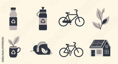 Sustainable eco-friendly icon set featuring recycling bottles, bicycles, solar-powered home, and natural plant elements for environmental awareness designs