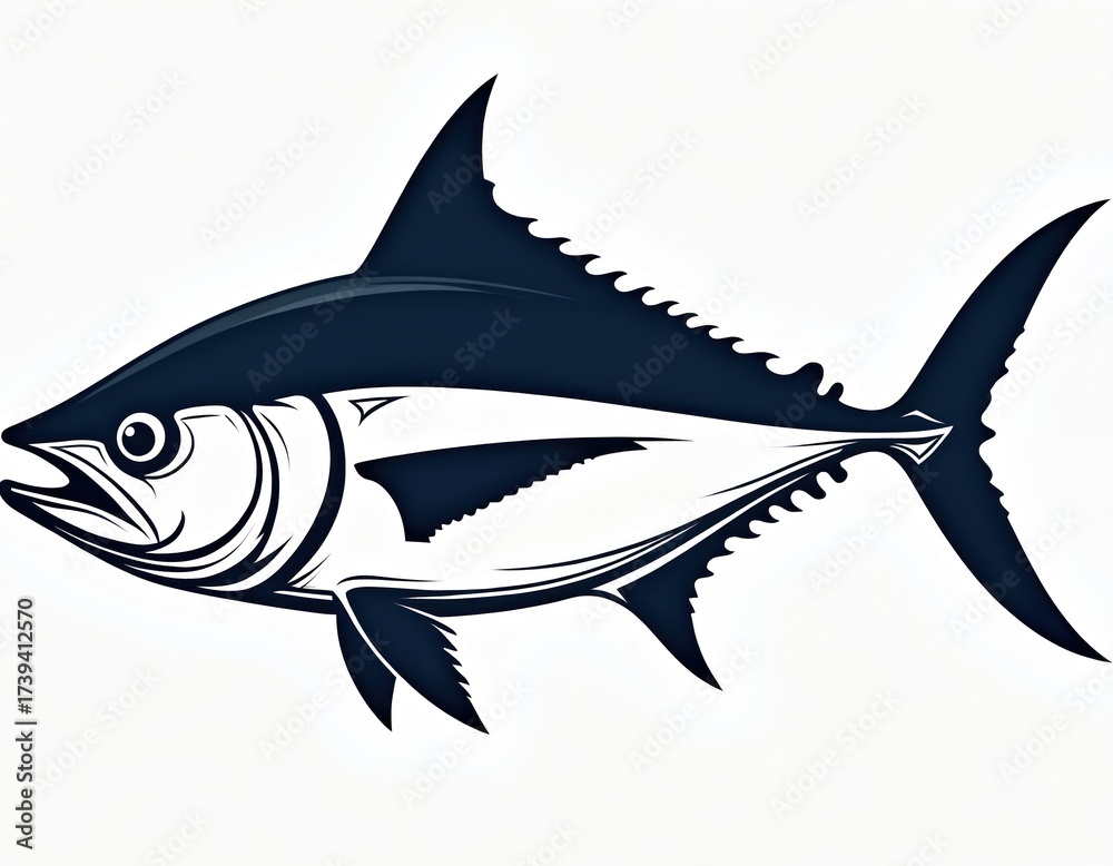 Obraz premium Tuna fish illustration, side view, navy blue and white. Simple graphic style, suitable for logos, icons, or editorial use. Depicts marine life, ocean, and healthy food.