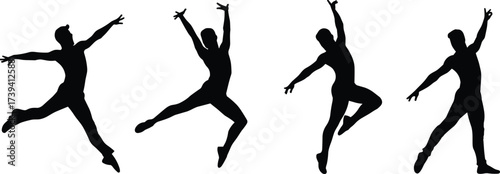 Ballet dancer silhouette set, graceful dance poses, black vector illustration, expressive movement, elegance and strength, performing arts concept