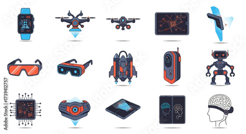 Set of advanced technology icons featuring futuristic gadgets and virtual reality concepts. Collection of innovative devices like drones, robots, and smart wearables