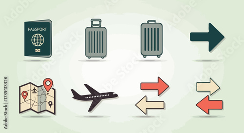 Collection of travel-related icons including passport, luggage, airplane, map, and directional arrows on a light background