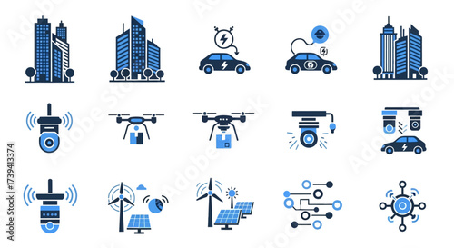 Urban Technology Icons Buildings, Electric Cars, Drones, Wind Turbines, Solar Panels, and Data Networks