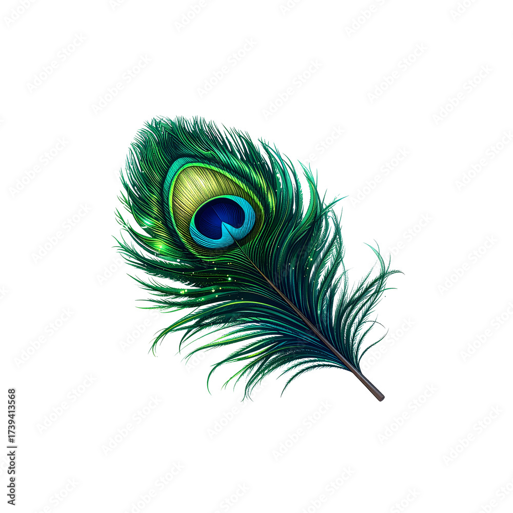 Obraz premium Green peacock feather on white background