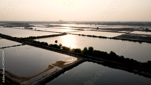 Aerial Landscape of Serene Water Bodies Reflecting Sunset, Surrounded by Tranquil Fields and Natures Beauty in Rural Harmony

