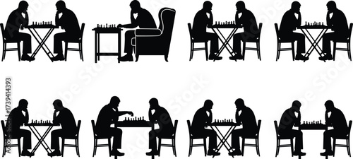 Chess player silhouette set, strategic game vector icons, black and white sketch, concentration pose grid, board game design artwork
