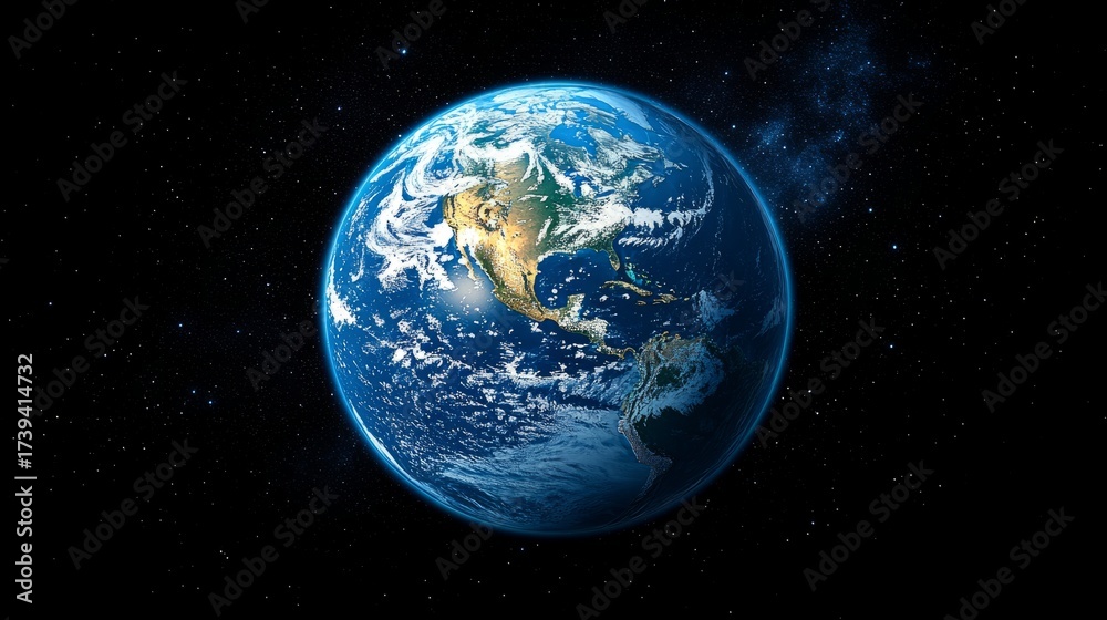 Obraz premium A captivating view of Earth, revealing its lush terrains and blue oceans while orbiting through the vastness of space