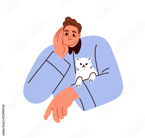 Man holding cat on arm. Happy smiling person, pet owner with cute funny feline companion on hand. Male character and kitty looking together. Flat vector illustration isolated on white background.