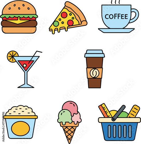 Minimal Flat Food and Drink Web Icons Collection.