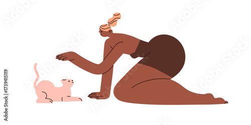 Black woman playing with cat. Female giving command to cute feline animal with tail up. Girl and playful kitty. Pet and owner communication. Flat vector illustration isolated on white background.