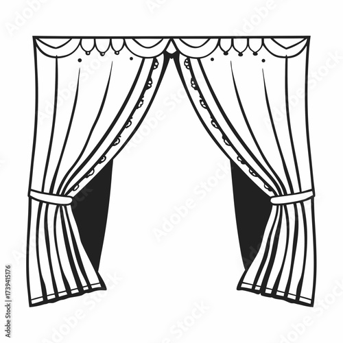 Black and white illustration of a partially opened stage curtain with decorative scalloped trim and tie-backs on a white background