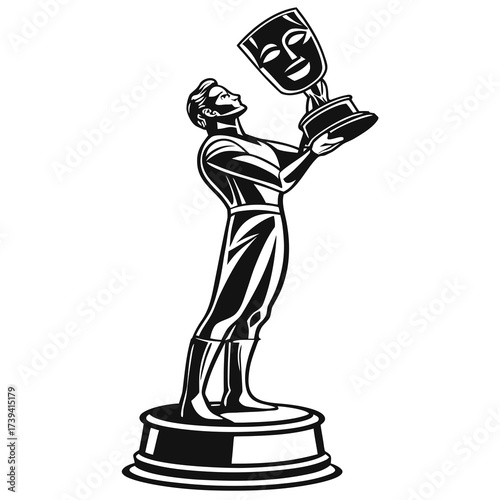 Black and white illustration of a male figure holding a trophy with comedy and tragedy masks award statue