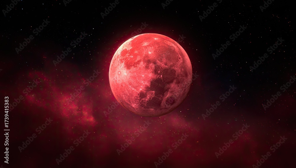 Obraz premium Crimson celestial sphere glows with craters amid cosmic dust against a star-speckled, dark expanse