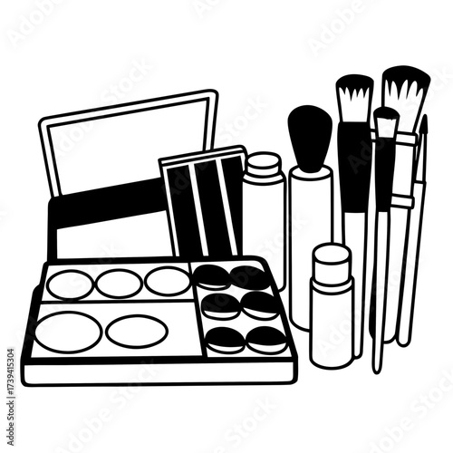 Black and white illustration of makeup brushes and palettes on a white background cosmetic beauty