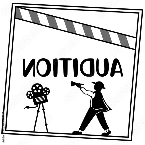 Black silhouette of a film clapperboard with the word audition and a film camera and director movie