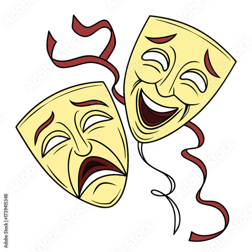 Comedy and tragedy masks with red ribbons on white background comedy mask theater masks