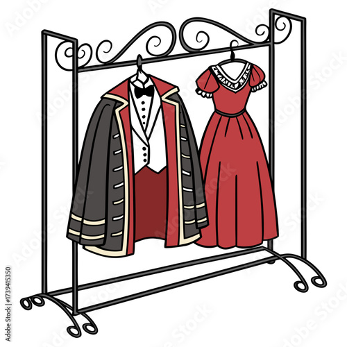 Black metal costume rack with theatrical costumes including a red dress and a formal coat with bow tie