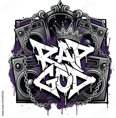 Rap God Graffiti Text with Crown, Chains, and Powerful Boombox Speaker Music Vector