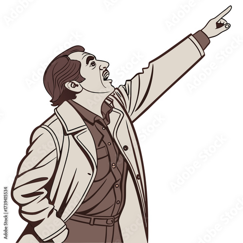 Man in beige trench coat and brown shirt pointing upwards with open mouth and expressive face isolated on white