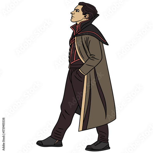 Man in a long brown coat and dark red vest standing with hands in pockets looking up male person