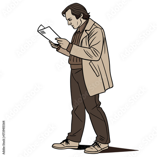 Man in beige trench coat and brown sweater reading a script actor performer