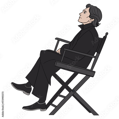 Man in black suit sitting in director's chair looking up isolated on white background director chair