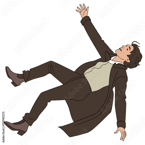 Man in brown coat and vest falling backwards with arms outstretched on white background person male