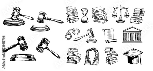 Law symbols set. Scales vector hand drawn