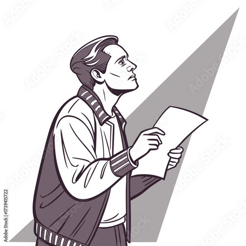 Man in jacket holding paper looking up with spotlight effect male actor