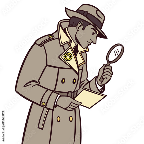 Man in trench coat and fedora hat examining document with magnifying glass detective