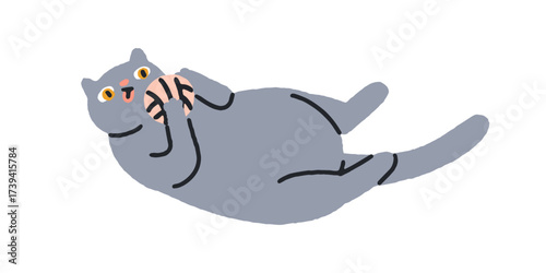 Playful cat with yarn ball in paws. Cute funny feline animal lying belly up, holding toy, playing in goofy pose. Adorable naughty pet behavior. Flat vector illustration isolated on white background.