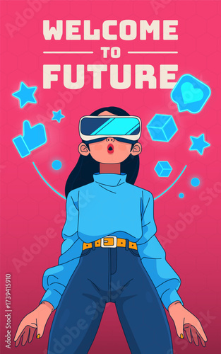 Virtual Vision VR Girl Banner with Futuristic Icons