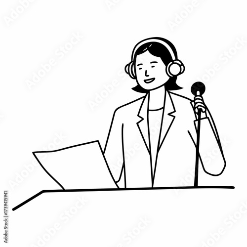 Person wearing headphones and holding a microphone with a paper on a white background woman