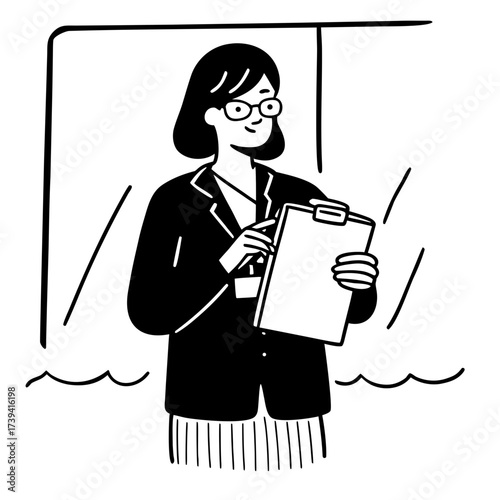 Woman in glasses holding clipboard and pointing with pen on white background teacher professor