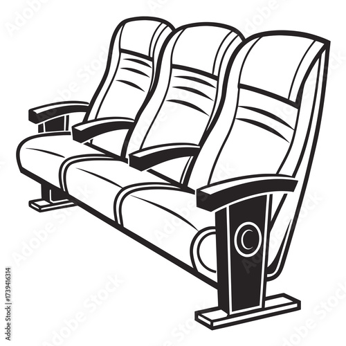 Black and white graphic illustration of three cinema theatre seats in a row cinema seat row of seats