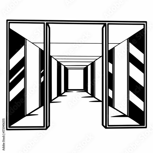 Black and white graphic of a mirrored hallway with diagonal stripes corridor perspective