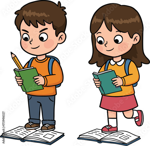 Cartoon children reading books, boy and girl with backpacks, standing on open books, education, learning, studying, school illustration design