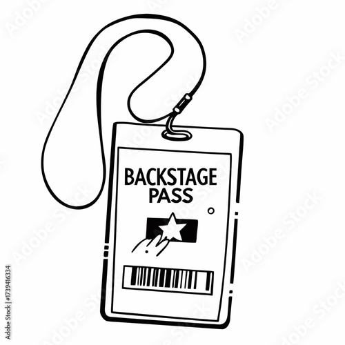 Black and white illustration of a backstage pass with a lanyard on a white background access event