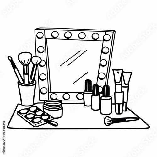 Black and white illustration of a makeup vanity with brushes and cosmetics on a white background beauty