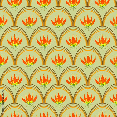 An Art Deco-inspired pattern featuring bright orange and yellow flame lilies set within an overlapping scale or arch motif on a pale olive green background.