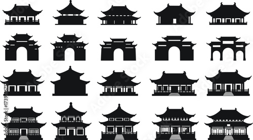 East Asian architecture silhouette, pagoda vector set, temple building sketch, cultural landmark icons, black and white traditional structure grid