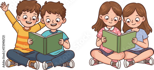 Cartoon boys and girls reading books together, happy children learning, group reading activity, educational illustration, kids enjoying stories, fun learning
