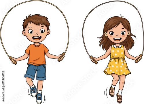 Cartoon kids jumping rope together, happy boy and girl exercising, children playing outdoors, fun childhood activity, fitness sports illustration, active lifestyle